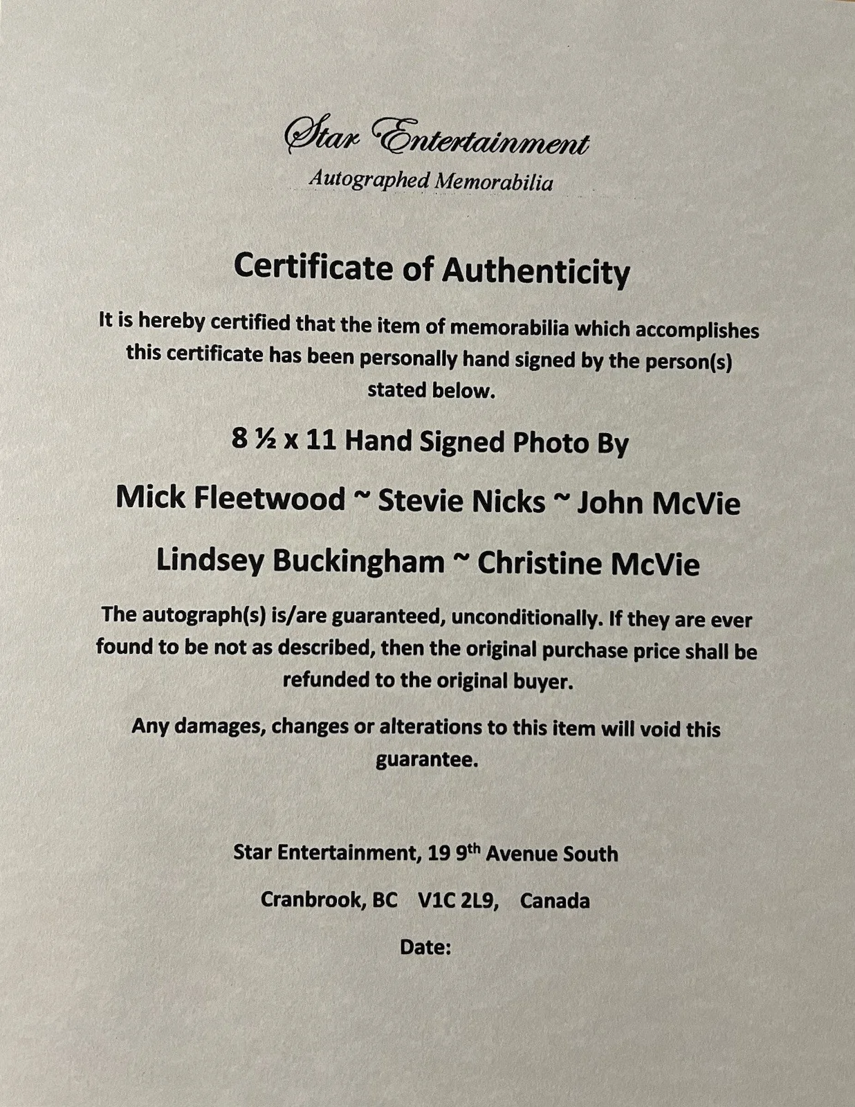 Fleetwood Mac Entire Band Signed Photo With COA Stevie Nicks Autograph, изображение 2