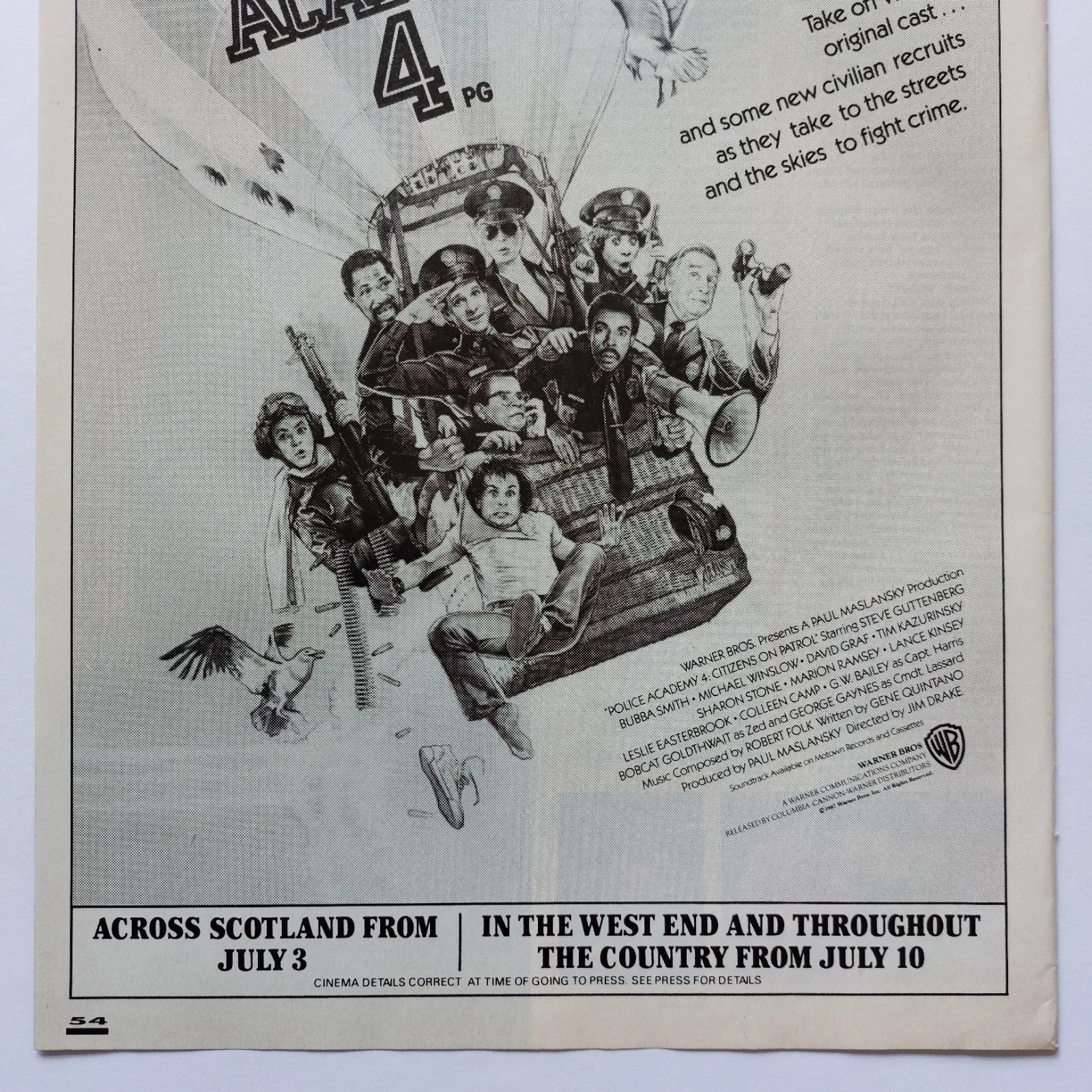 POLICE ACADEMY 4 Film Steve Guttenberg - Magazine A4 Size Press Advert 1987, изображение 3