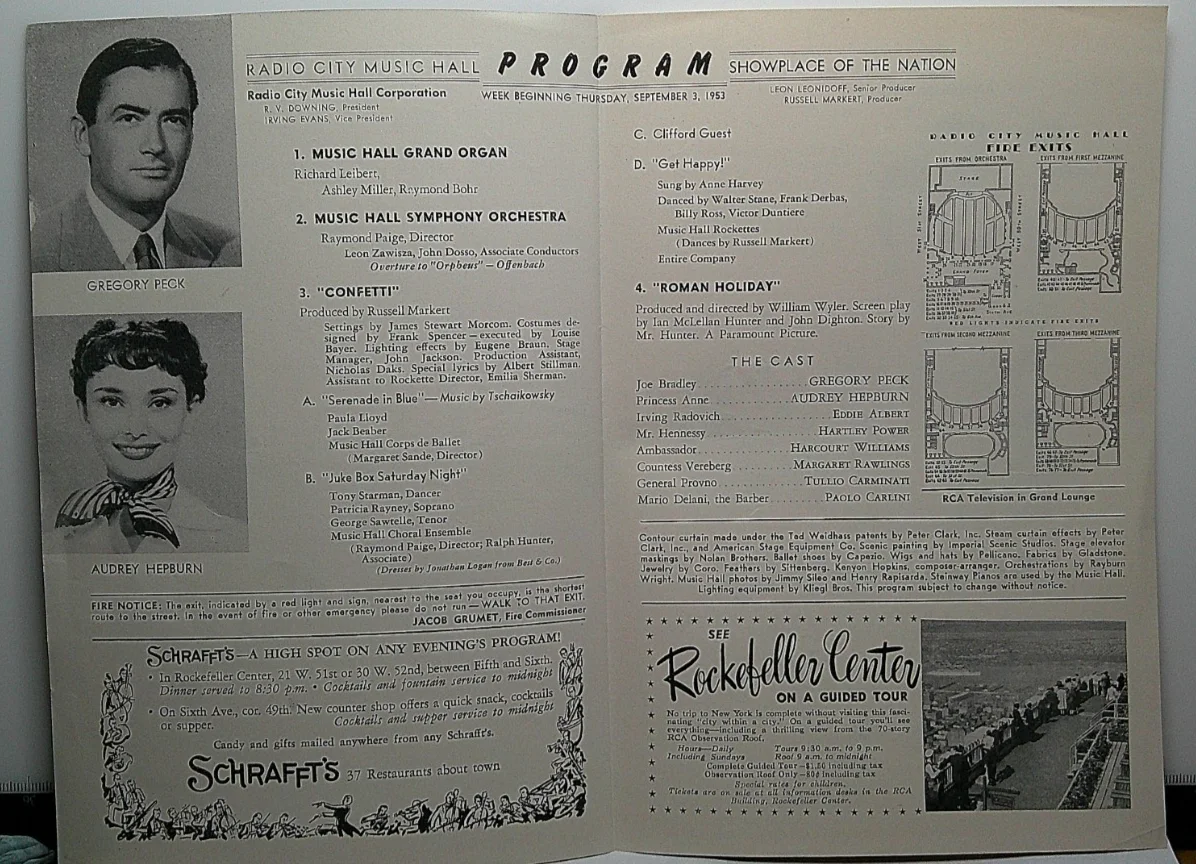 1953 Radio City Music Hall New York lobby flyer Roman Holiday Gregory Peck, изображение 3