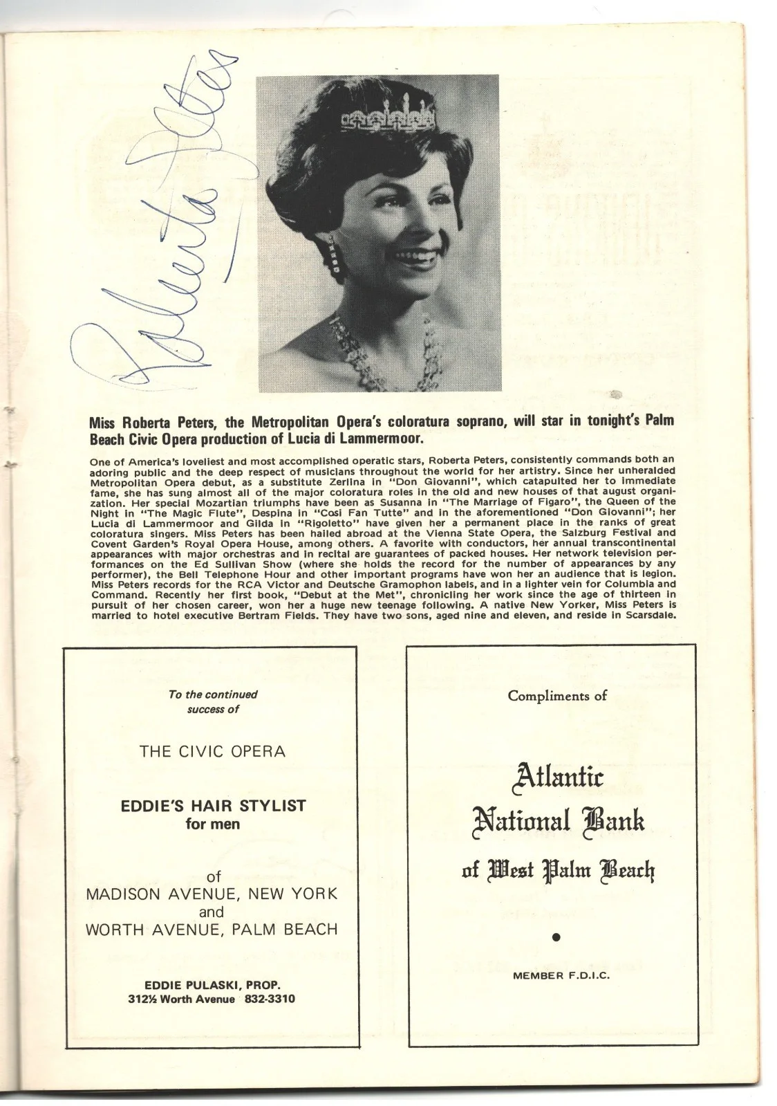 CIVIC OPERA PALM BEACH HARDENS.1968 AHNDBOOK AUTOGRAPH BY ROBERTA PETERS SOPRANO, image 2