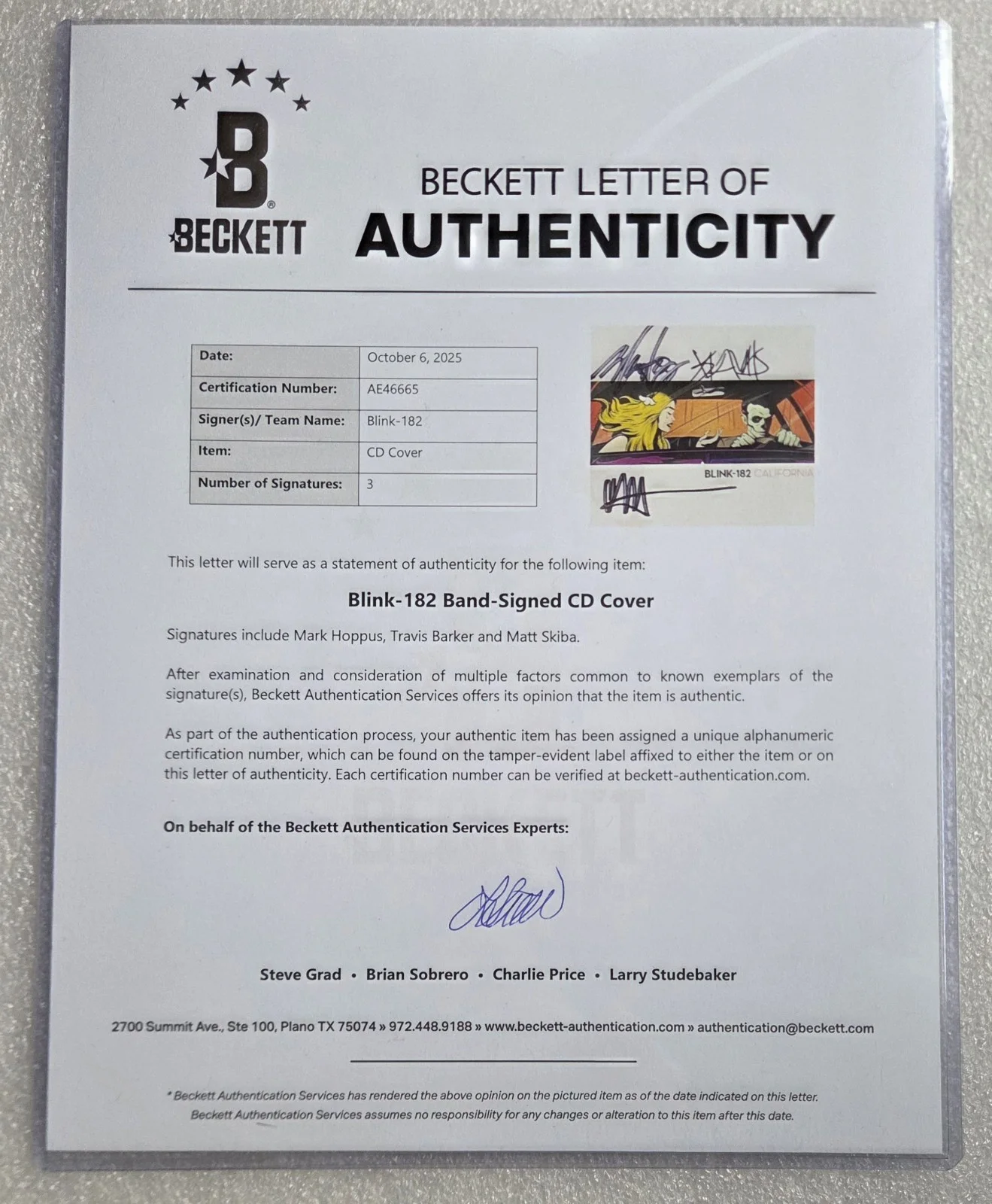 BLINK 182 AUTOGRAPHED BECKETT LOA BAS CD HOPPUS DISPLAY SIGNED BAND PRESENT GIFT, image 5