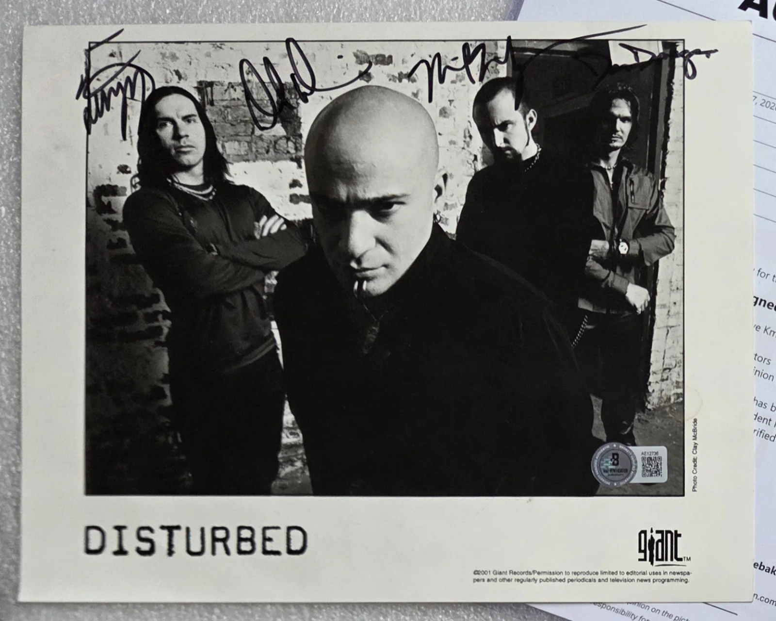 DISTURBED SIGNED PHOTO BECKETT LOA BAS COA FULL LETTER AUTOGRAPHED MUSIC BAND, image 2