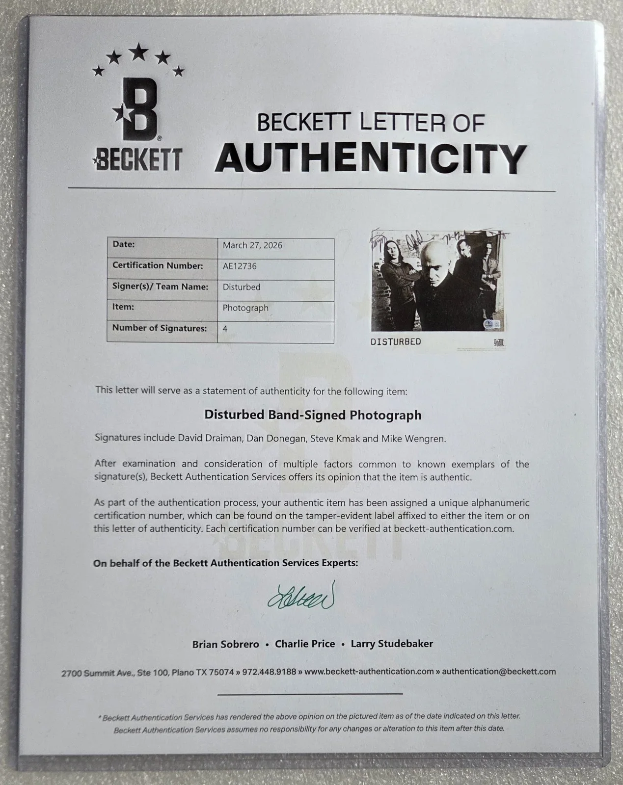 DISTURBED SIGNED PHOTO BECKETT LOA BAS COA FULL LETTER AUTOGRAPHED MUSIC BAND, image 5