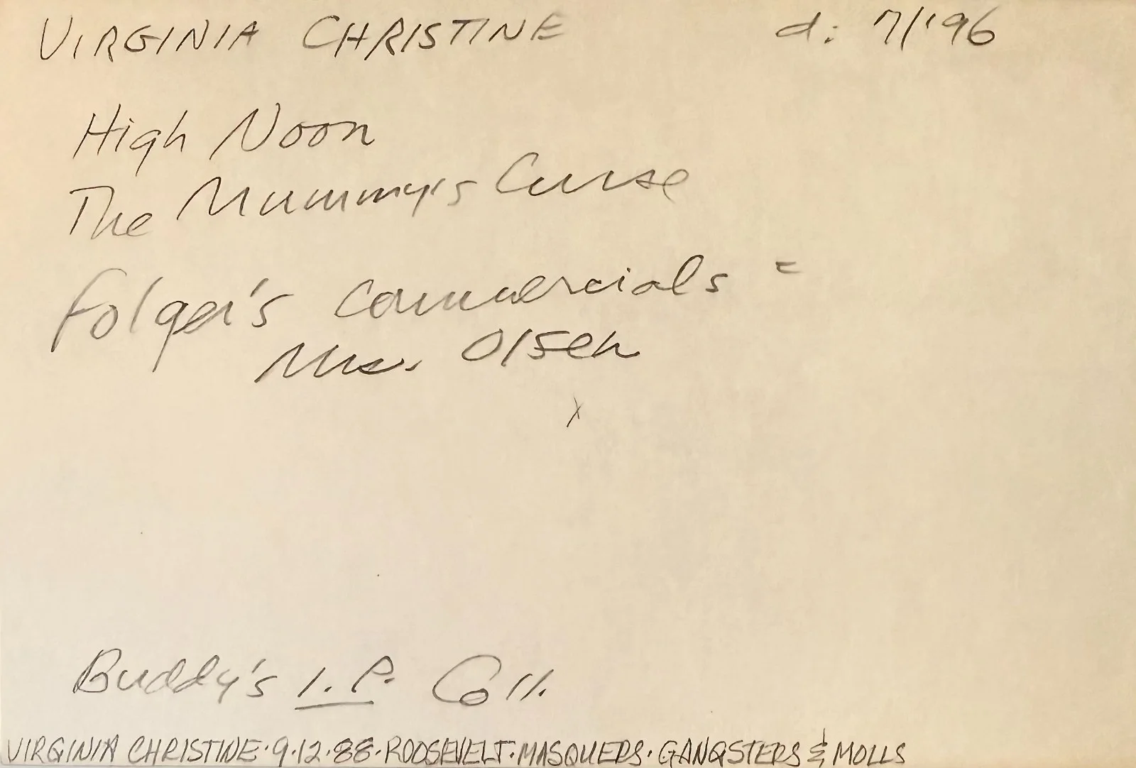 Virginia Christiine — VIRGINIA CHRISTINE Signed Autographed 4x6 INDEX CARD Nightmare The Mummy's Curse, изображение 2