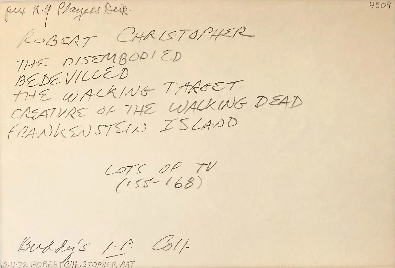 Robert Christopher — ROBERT CHRISTOPHER Signed Autographed 4"x 6" INDEX CARD FRANKENSTEIN ISLAND, image 2