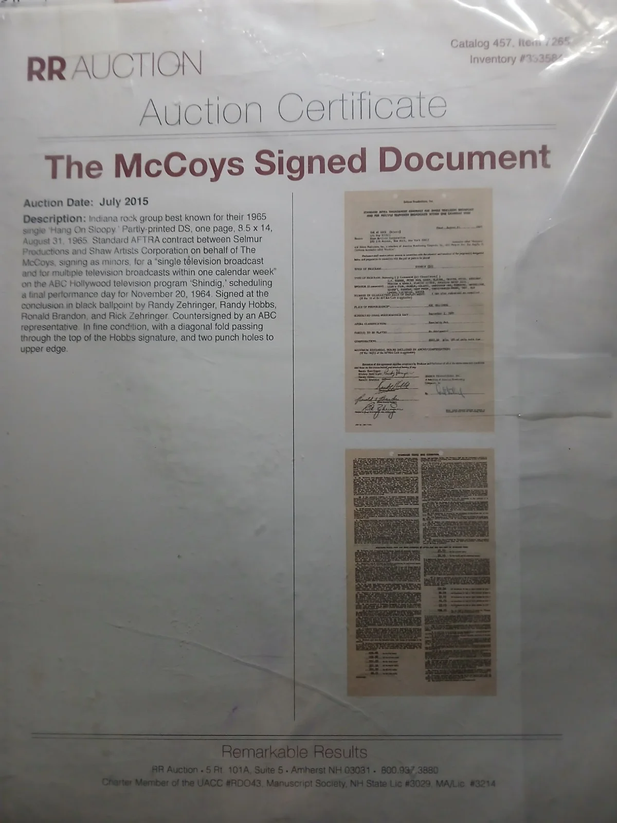 The McCoys — Vintage McCoys Signed Contract 1965 Shindig ABC + RR Auction COA, изображение 3
