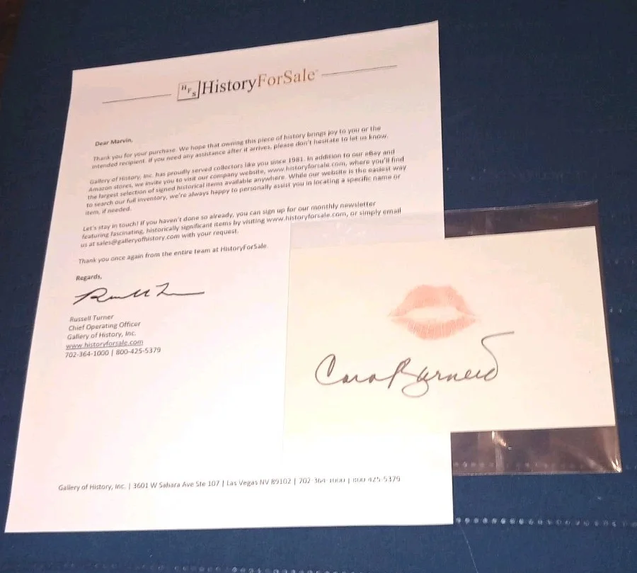 Carol Burnett — Genuine Carol Burnett Lip Print & Signed On Card 4 x 6 with Letter, image 4
