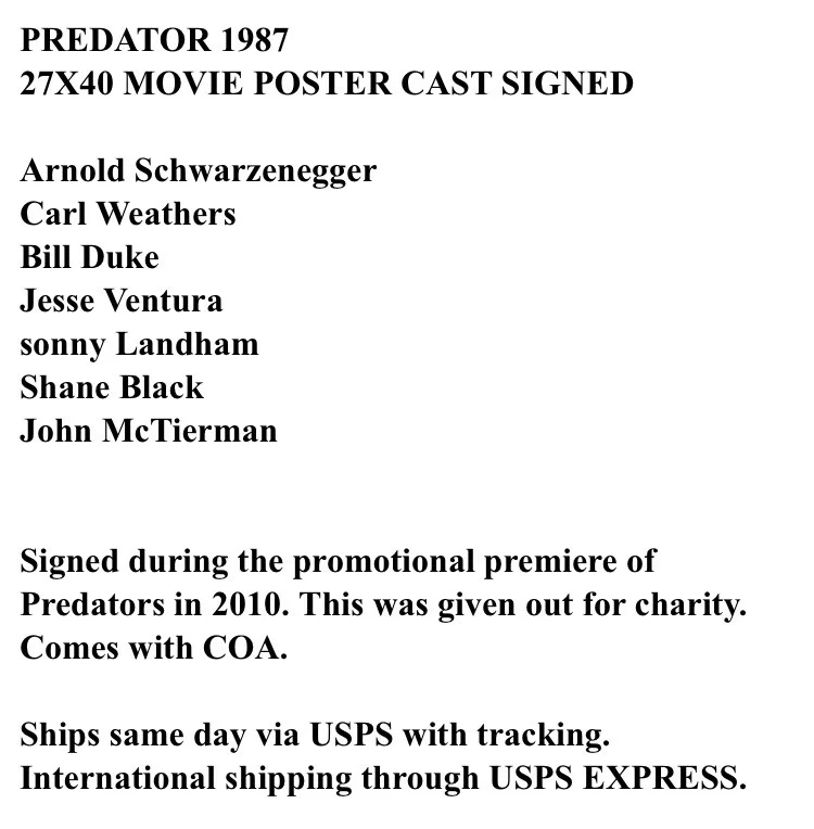Predator 1987 Movie Poster Cast Signed Arnold Schwarzenegger COA 27X40, изображение 4
