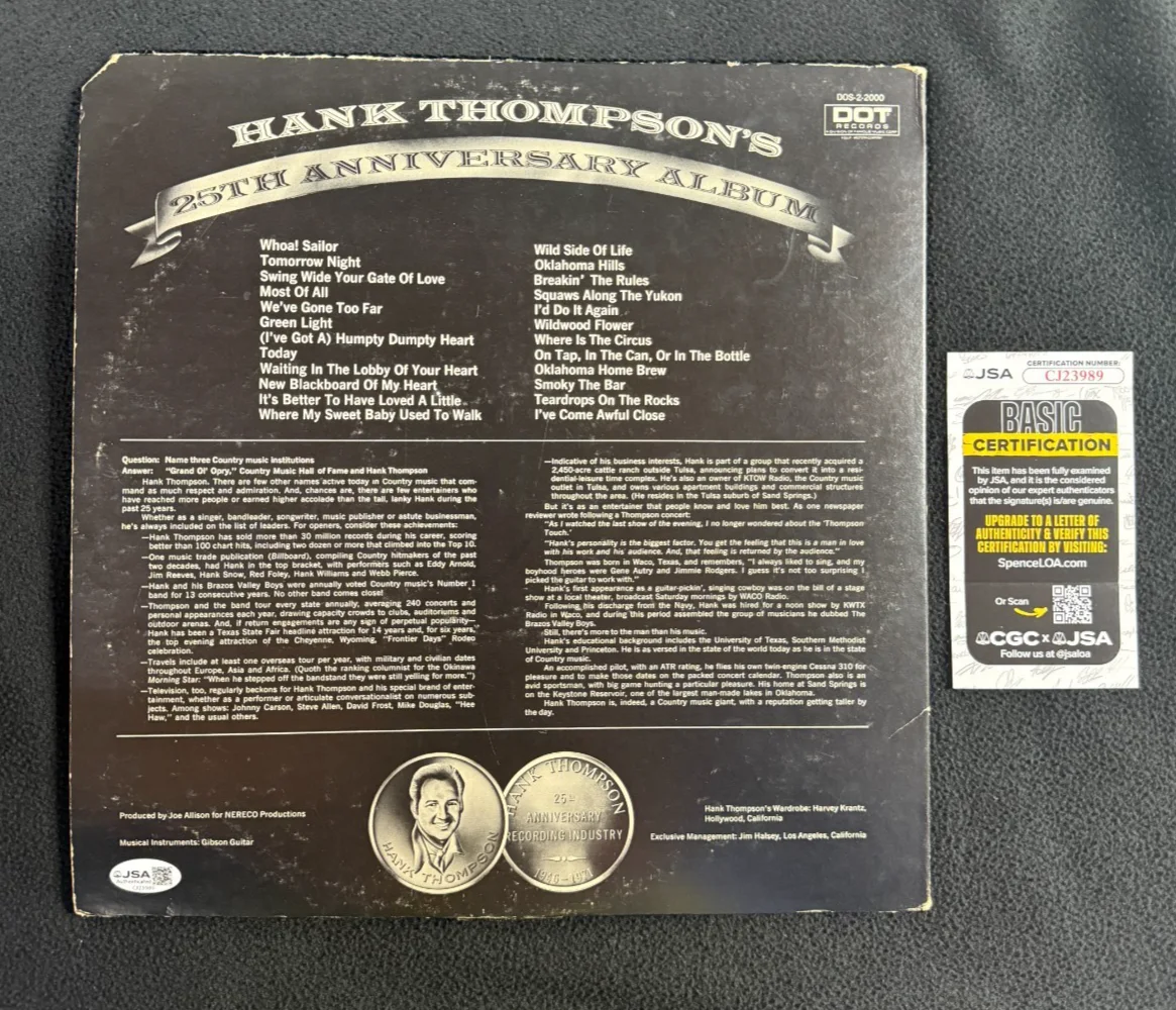 Hank Thompson Signed 25th Anniversary Album Cover JSA COA, image 3