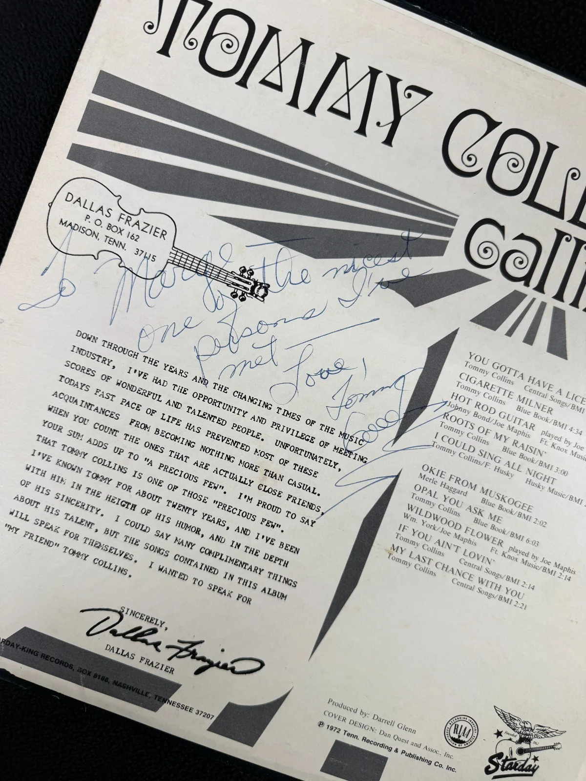 Tommy Collins Signed Callin' Album Cover JSA COA, image 3