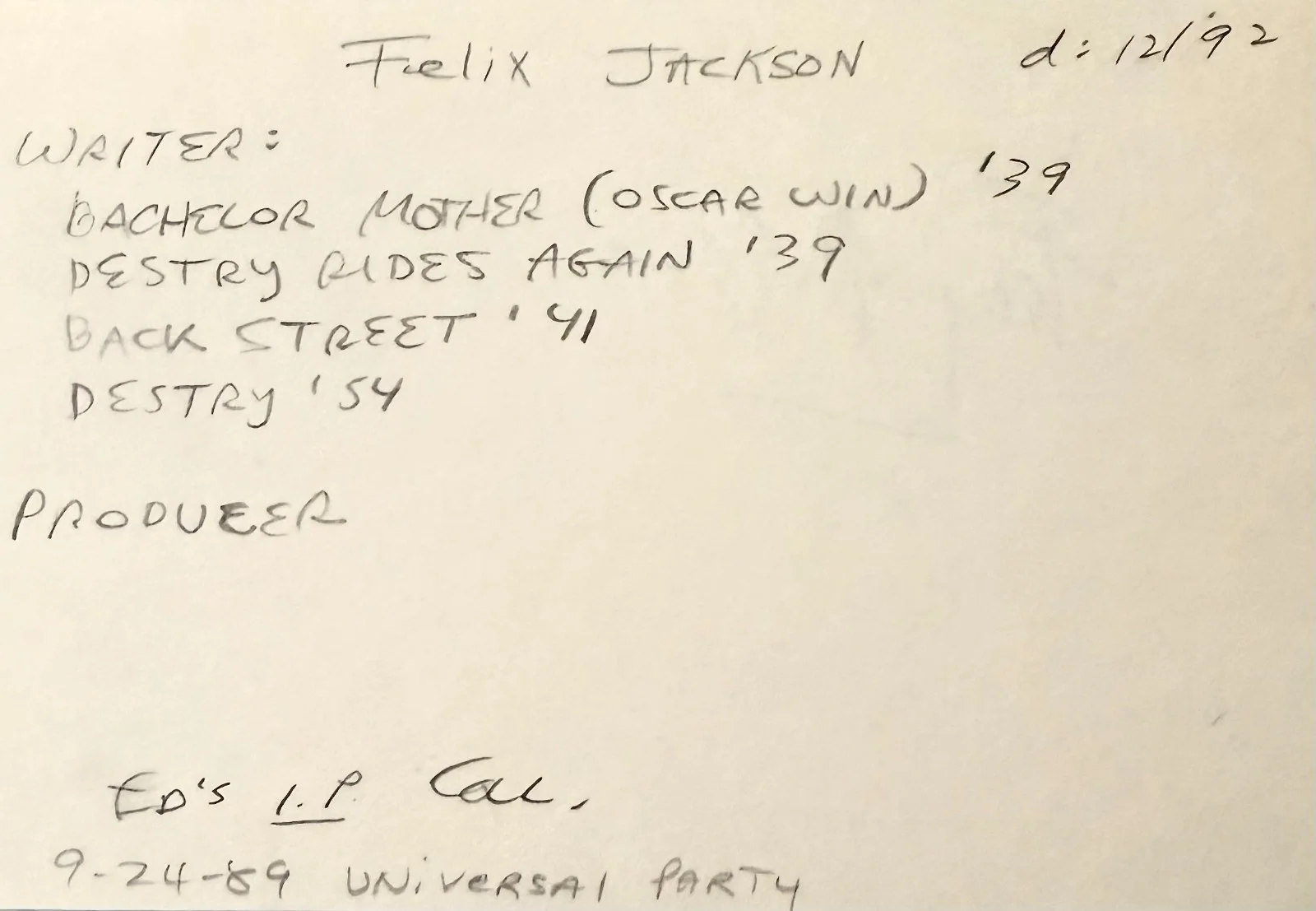 Felix Jackson — FELIX JACKSON Signed Autograph 4x6 INDEX CARD Destry Rides Again Bachelor Mother, изображение 2