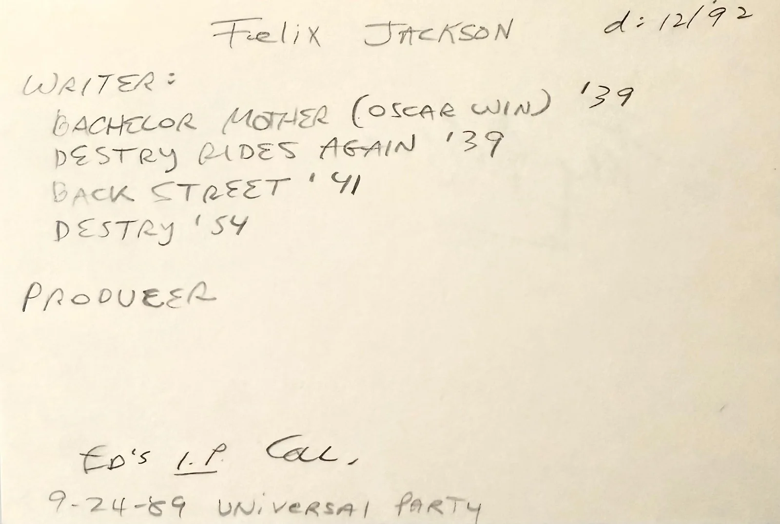 Felix Jackson — FELIX JACKSON Signed Autograph 4x6 INDEX CARD Destry Rides Again Bachelor Mother, изображение 4