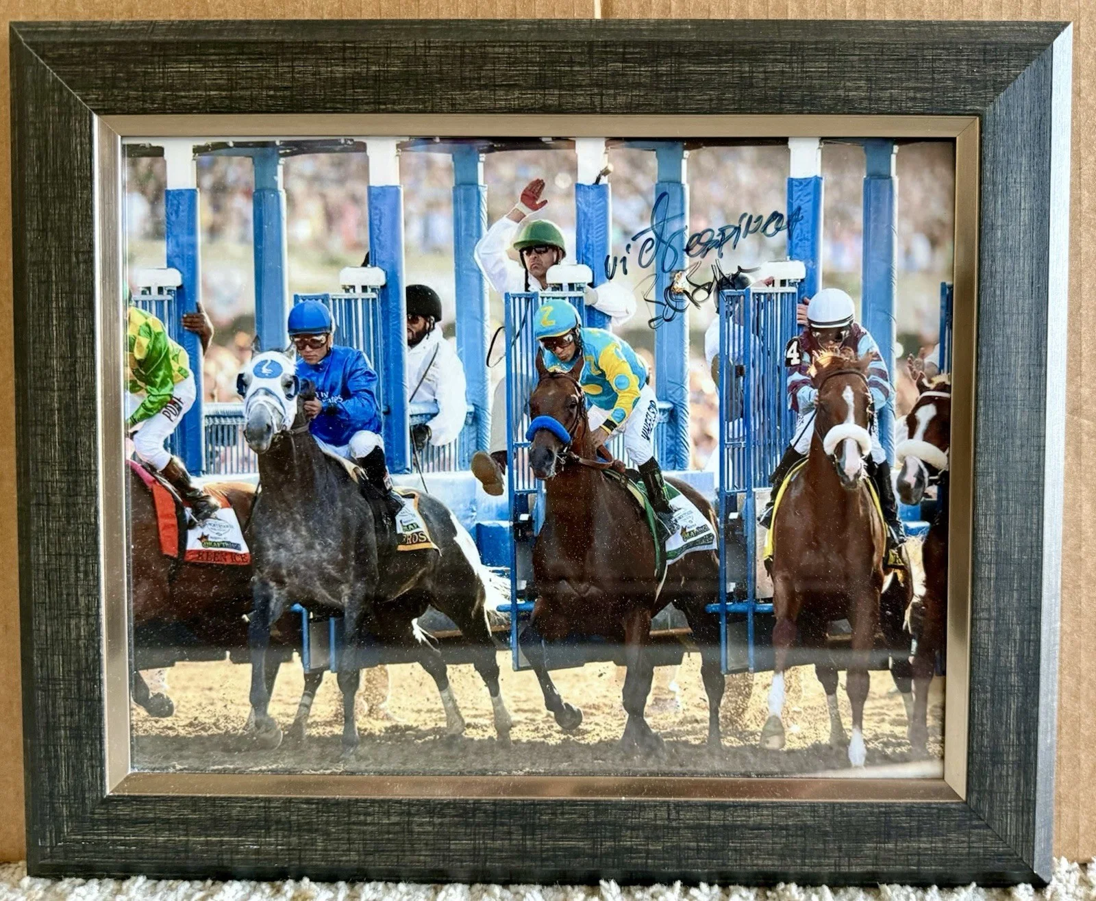Bob Baffert & Victor Espinoza — BOB BAFFERT & ESPINOZA HAND SIGNED 11X14 AMERICAN PHAROAH TRIPLE CROWN BELMONT
