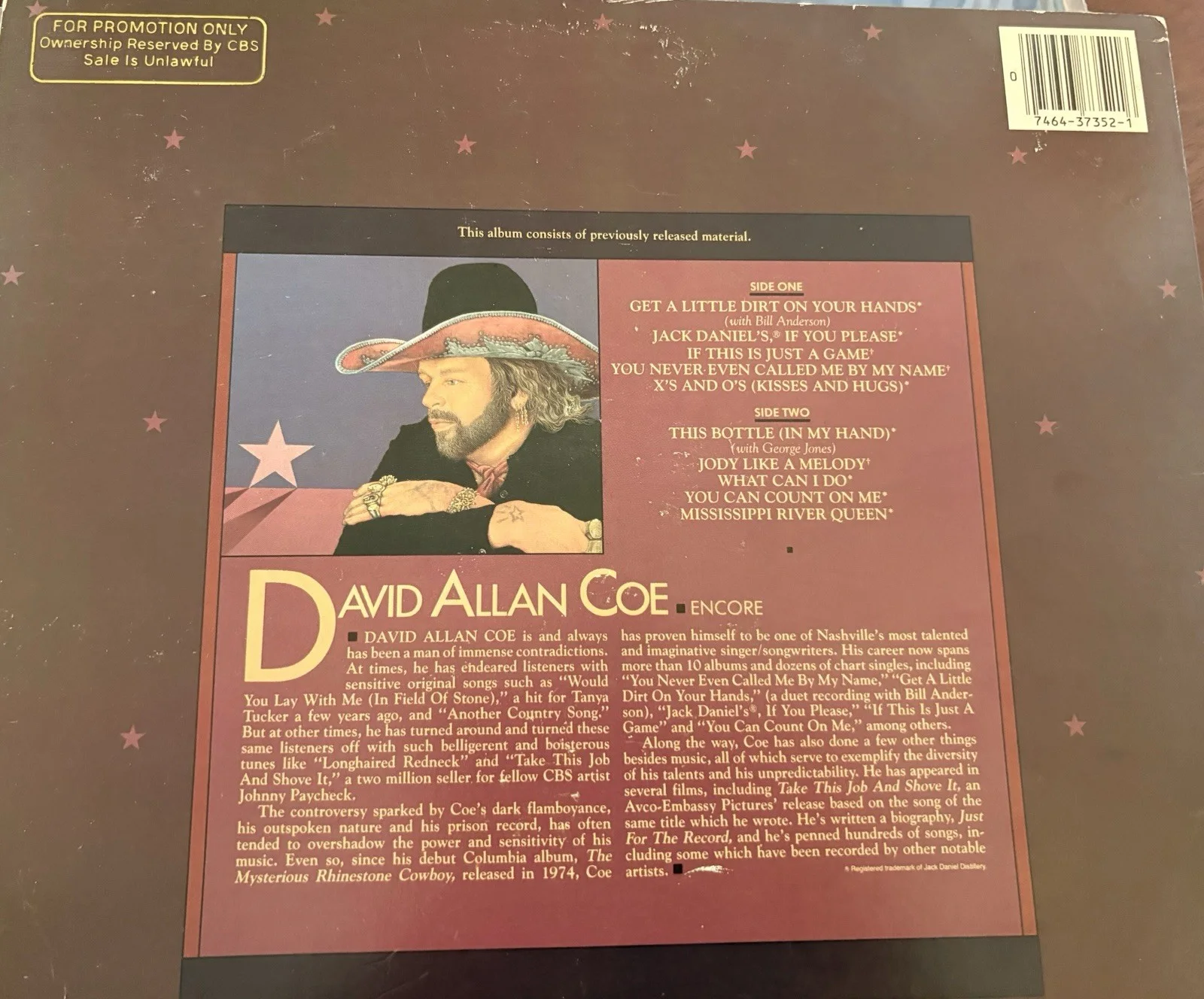 David Allan Coe Encore Signed Autographed Gold Stamped Promo Vinyl Record, изображение 2