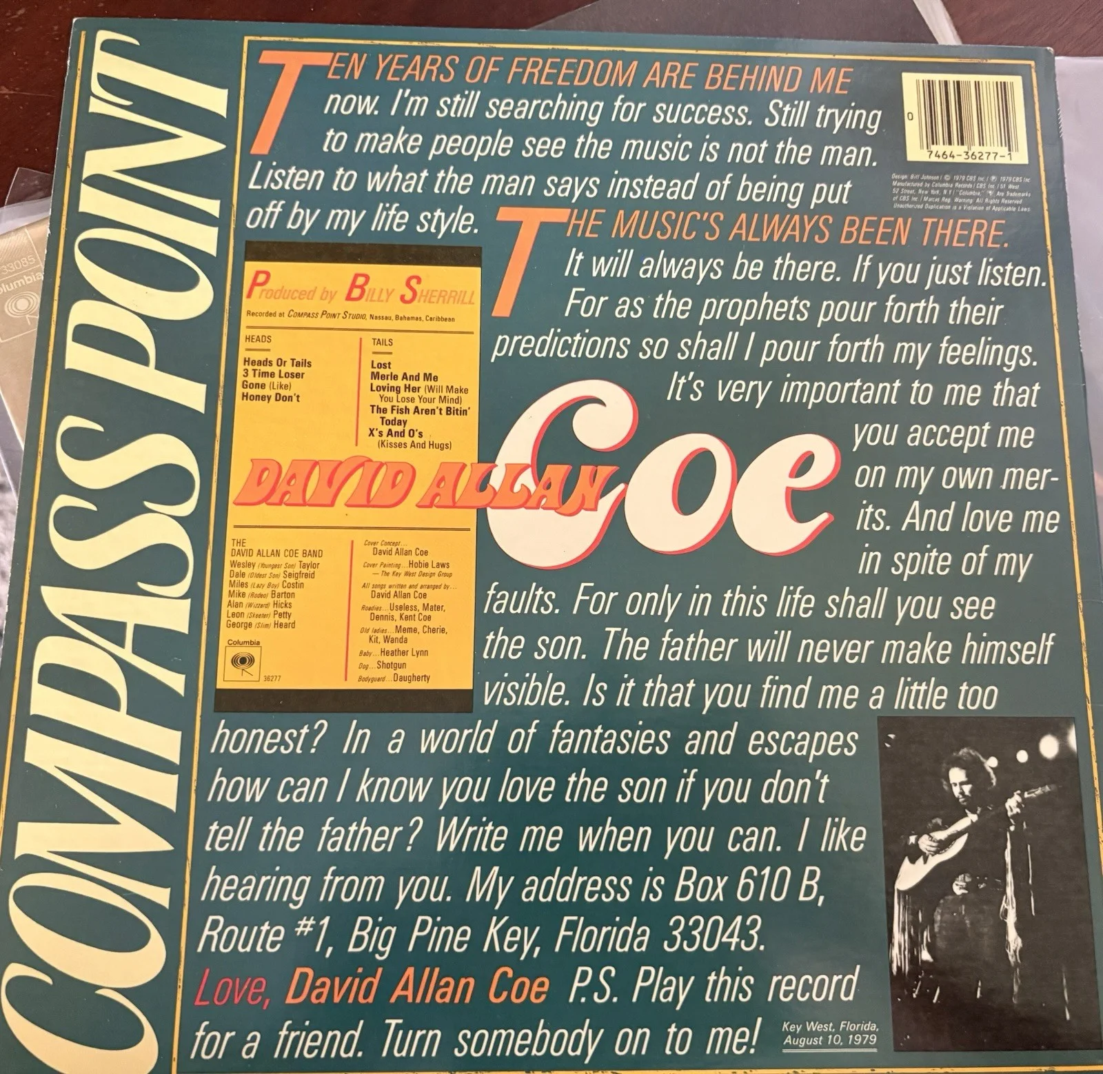 David Allan Coe Compass Point Signed Original Record Autographed VG++, image 2