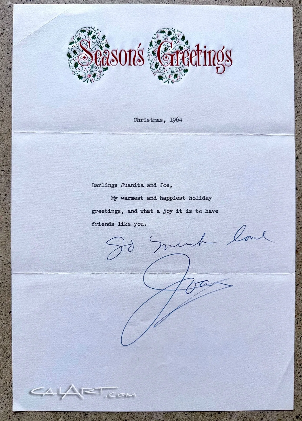 JOAN CRAWFORD — Joan Crawford Signed 1964 Christmas Letter + Envelope PSA/DNA -Walker Provenance