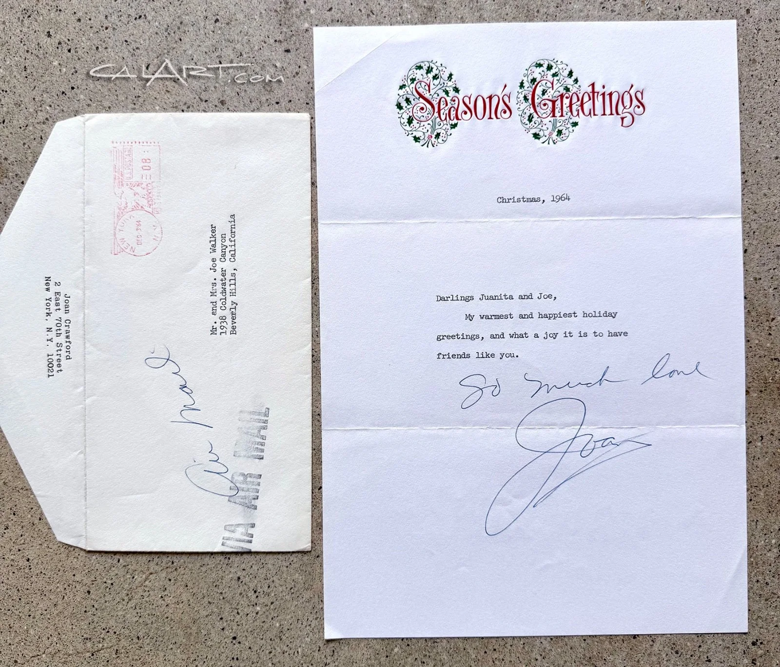 JOAN CRAWFORD — Joan Crawford Signed 1964 Christmas Letter + Envelope PSA/DNA -Walker Provenance, image 2