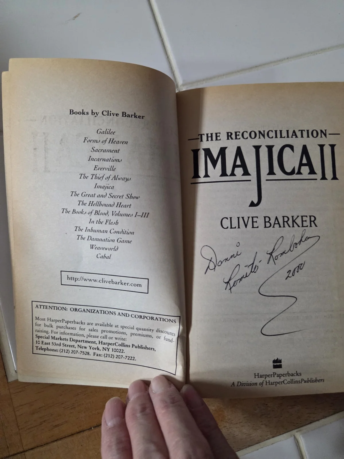 Donnie Loretta Ronbaker — Clive Barker Imajica Book II The Reconciliation Signed Paperback, image 3