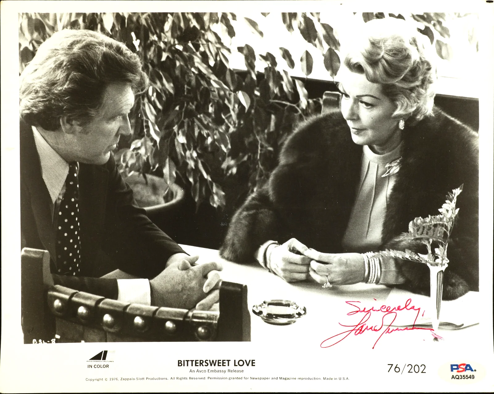 Lana Turner — LANA TURNER SIGNED AUTOGRAPHED 8X10 PHOTOGRAPH BITTERSWEET LOVE VINTAGE PSA COA
