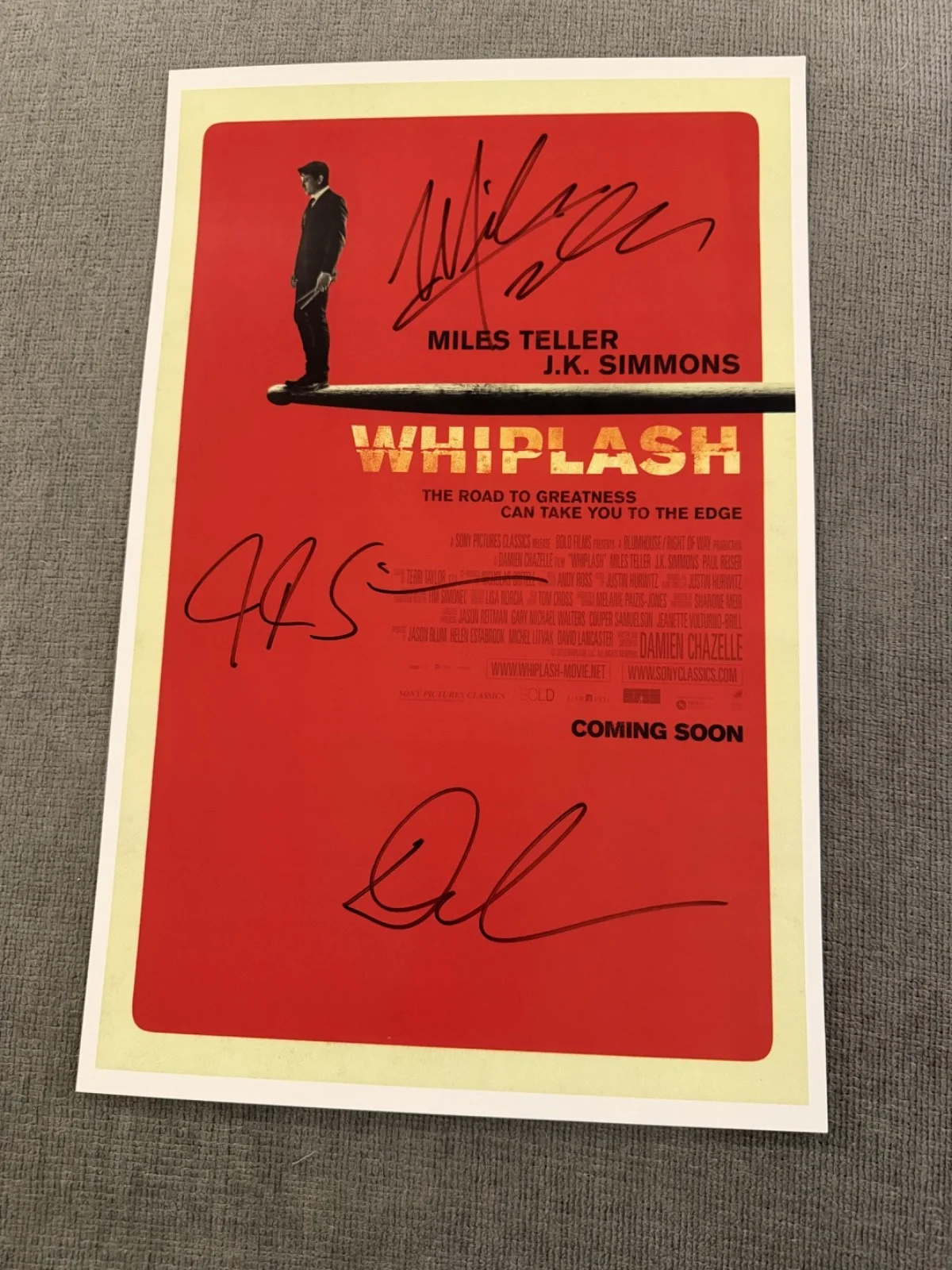 Miles Teller, J.K. Simmons, Damien Chazelle — Whiplash Hand Signed 11x17 Poster Miles Teller J.K. Simmons Damien Chazelle wCOA