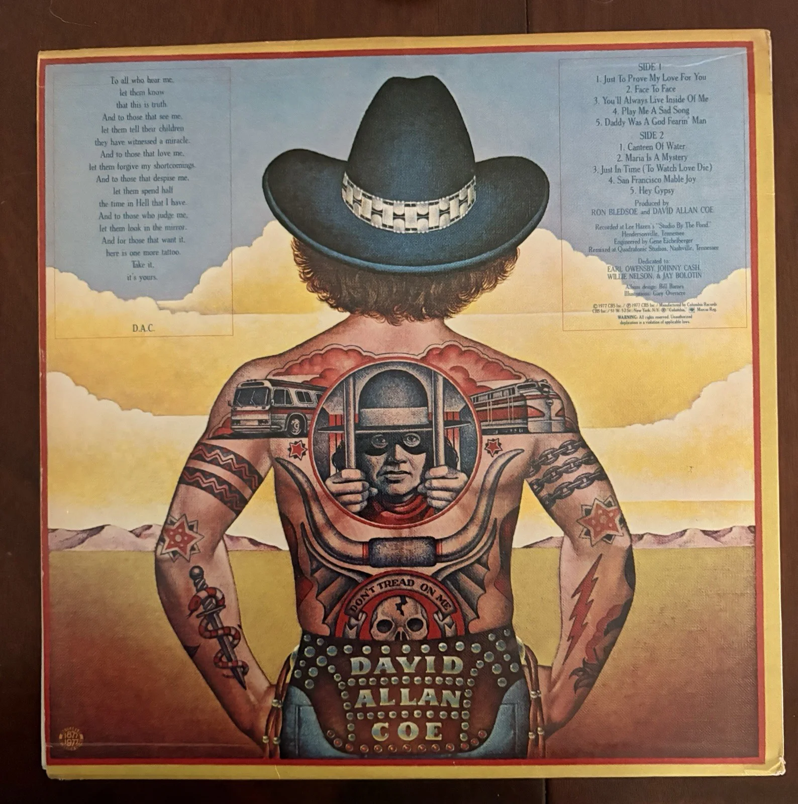David Allan Coe Tattoo Signed Original Music LP Autographed Vinyl Record Album, изображение 2