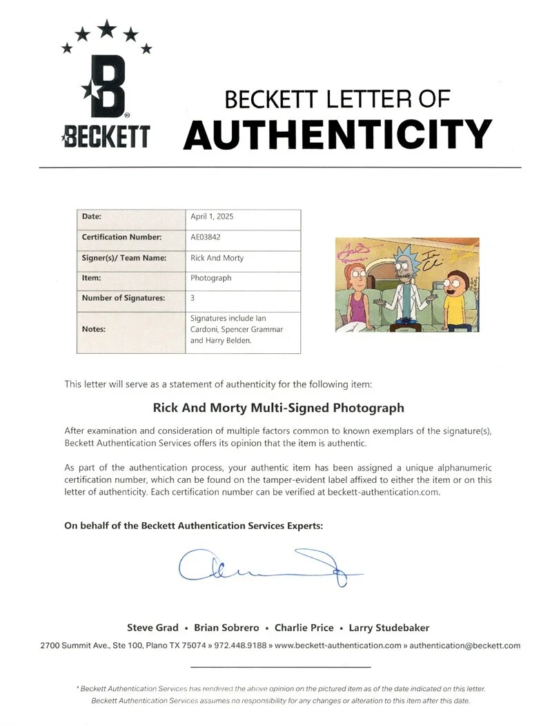GRAMMER IAN CARDONI HARRY BELDEN SIGNED 8x10 PHOTO RICK AND MORTY BECKETT BAS, изображение 2