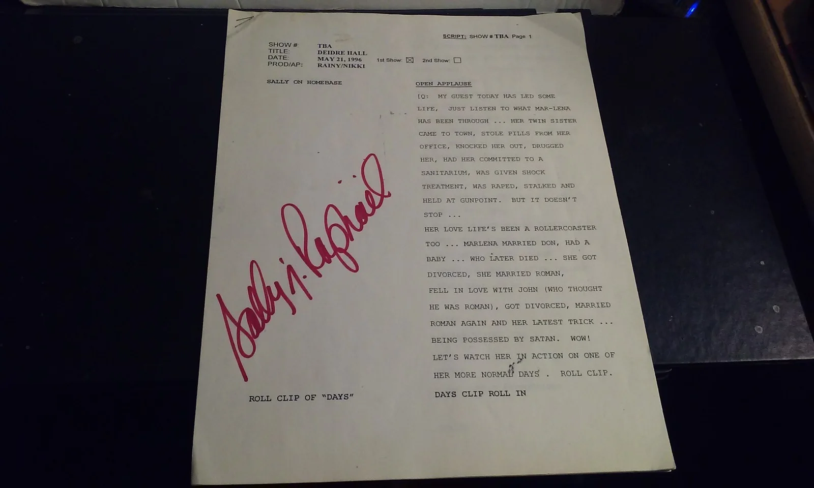 1996 Sally J Raphael show script Deidre Hall signed autographed 10pages no photo, image 4
