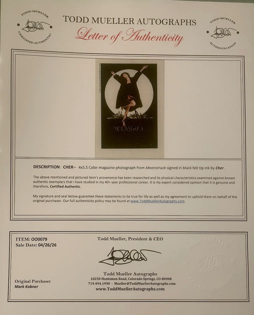 Cher — Cher “Moonstruck” Signed 6x4”Magazine Photo With COA, image 4