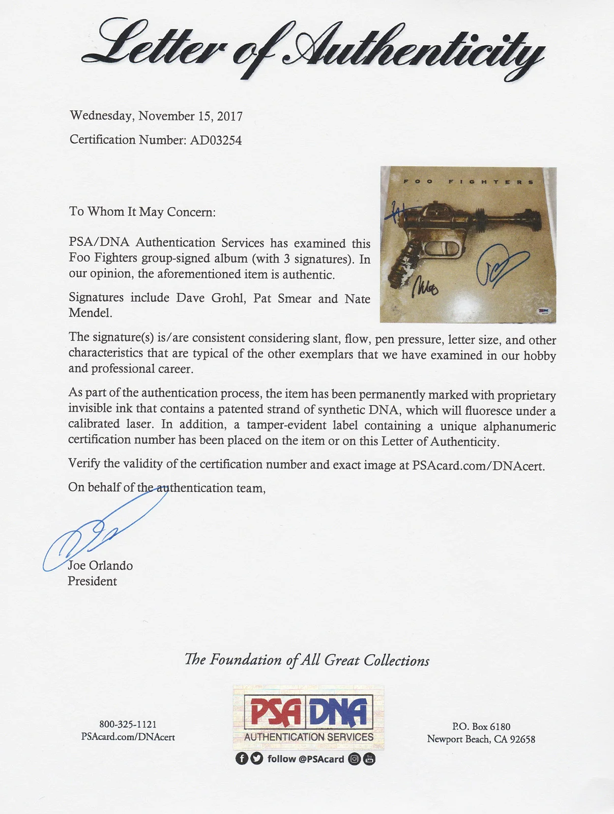 Foo Fighters — Foo Fighters Full Band Signed Autograph Self Titled Vinyl Record PSA/DNA COA, image 3