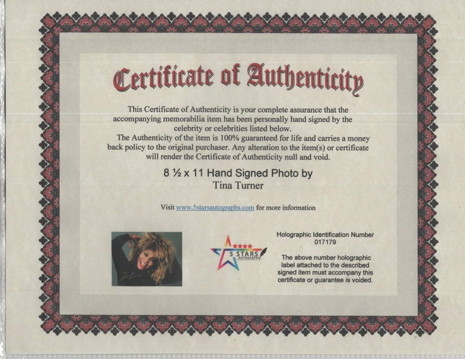 TINA TURNER AUTOGRAPHED 8 1/2 X 11 COLOR PHOTO / COA, image 2