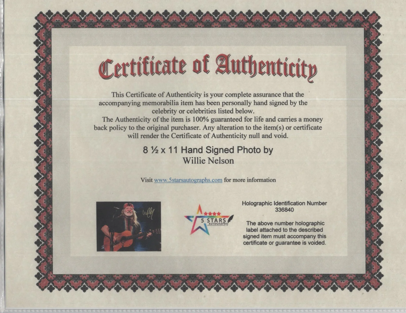 WILLIE NELSON COUNTRY LEGEND AUTOGRAPHED 8 1/2 X 11 PHOTO / COA, изображение 2