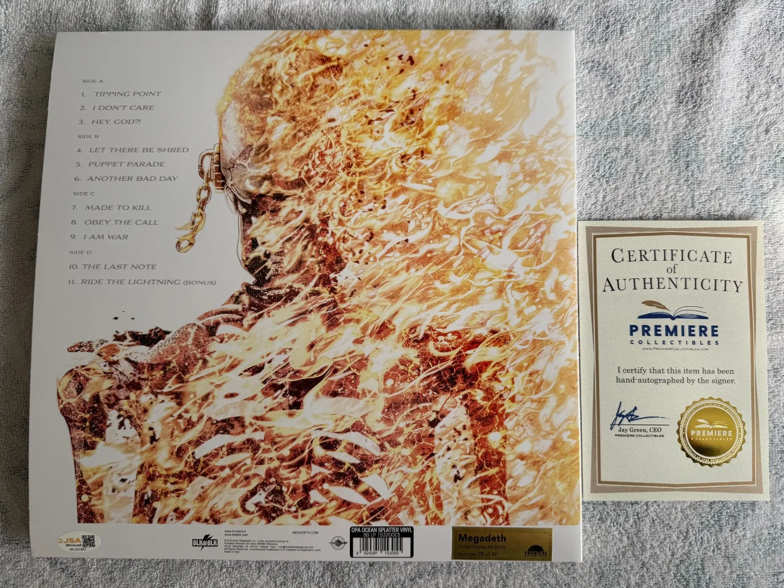 Megadeth Signed Vinyl Limited Ocean Splatter #29/49 JSA Authenticated Yellow!, image 2