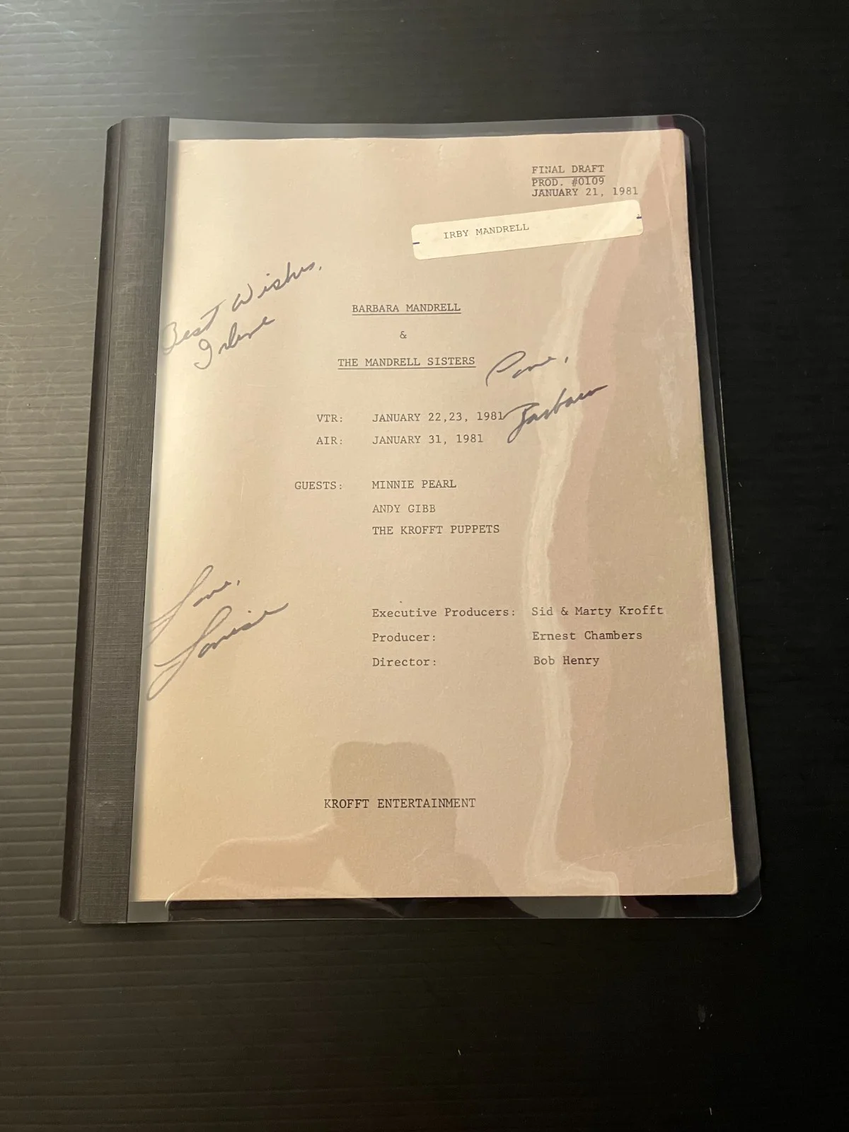 Barbara & The Mandrell Sisters, Minnie Pearl, Andy Gibb Original Script SIGNED, image 5