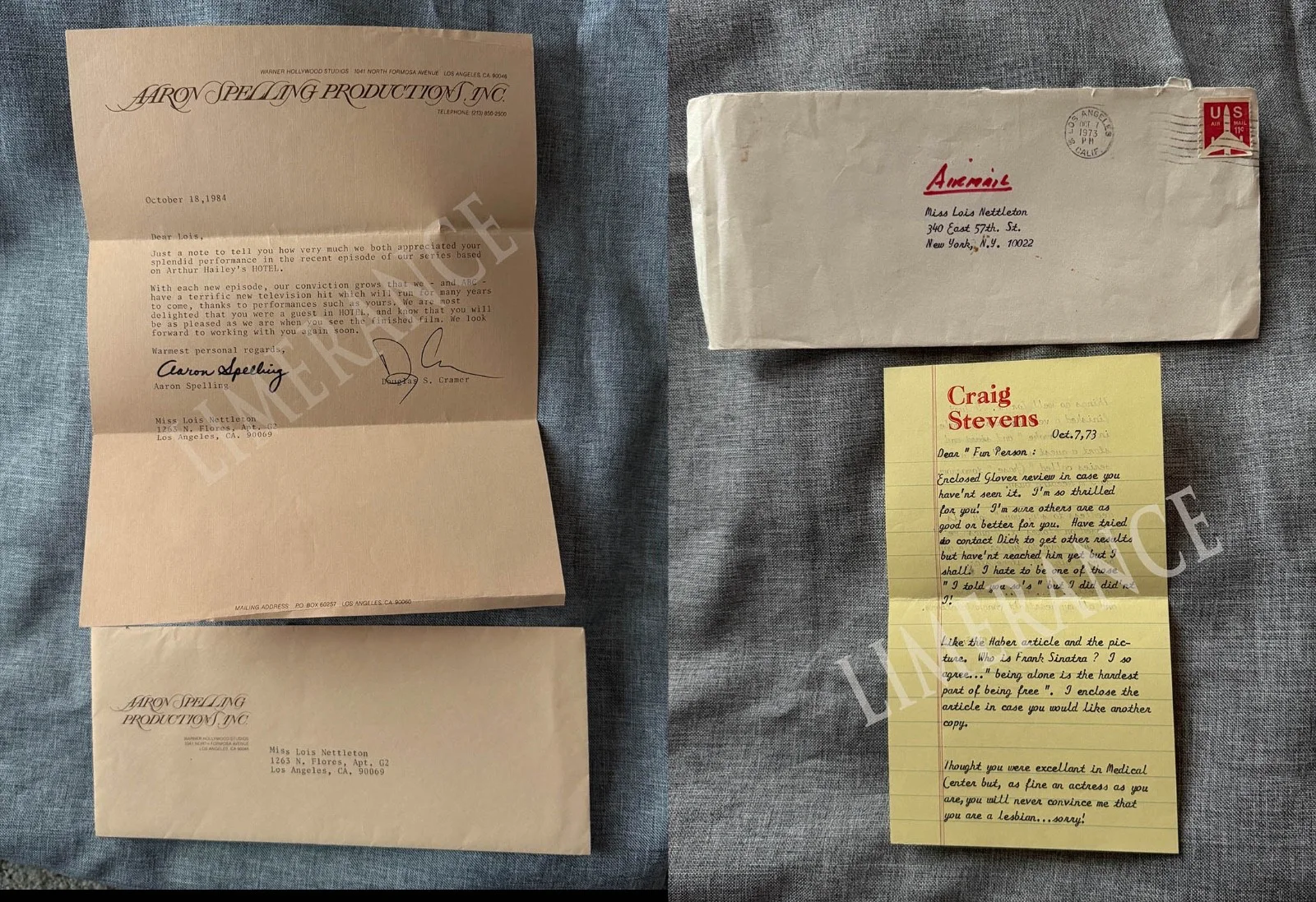 Aaron Spelling — Aaron Spelling Signed Letter & Craig Stevens Signed Letter to Lois Nettleton
