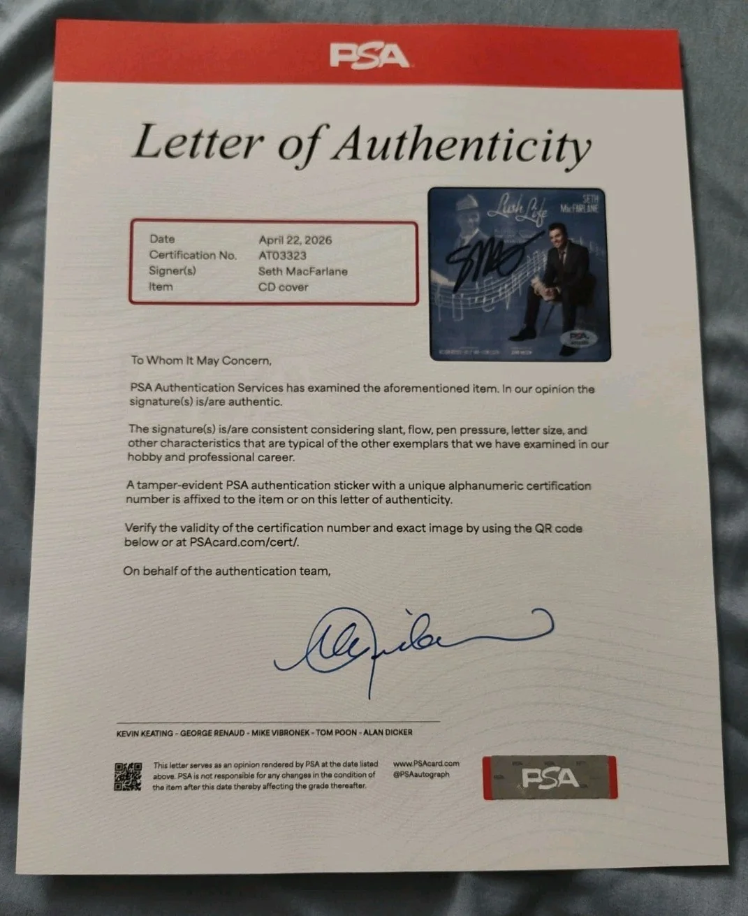 SIGNED Seth MacFarlane CD Insert-LUSH LIFE The Lost Sinatra Arrangements PSA, image 3