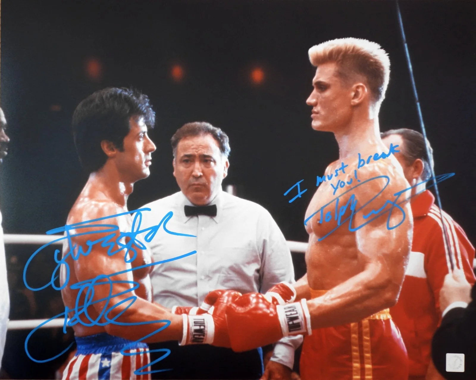 Sylvester Stallone and Dolph Lundgren — Sylvester Stallone & Lundgren Autographed BREAK YOU 16x20 ROCKY Photo ASI Proof