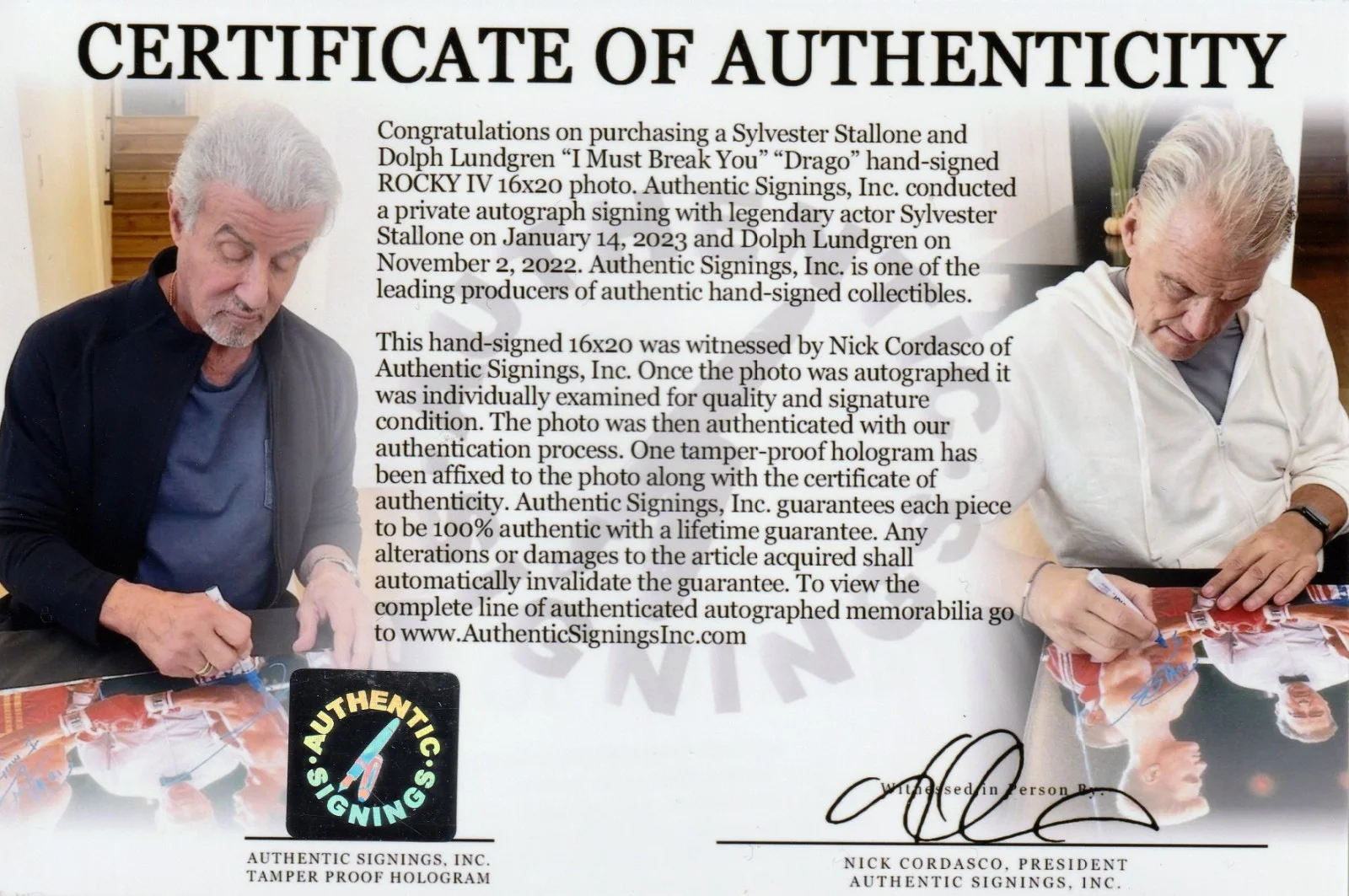 Sylvester Stallone, Dolph Lundgren — Sylvester Stallone & Lundgren Autographed BREAK YOU 16x20 ROCKY Photo ASI Proof, изображение 2
