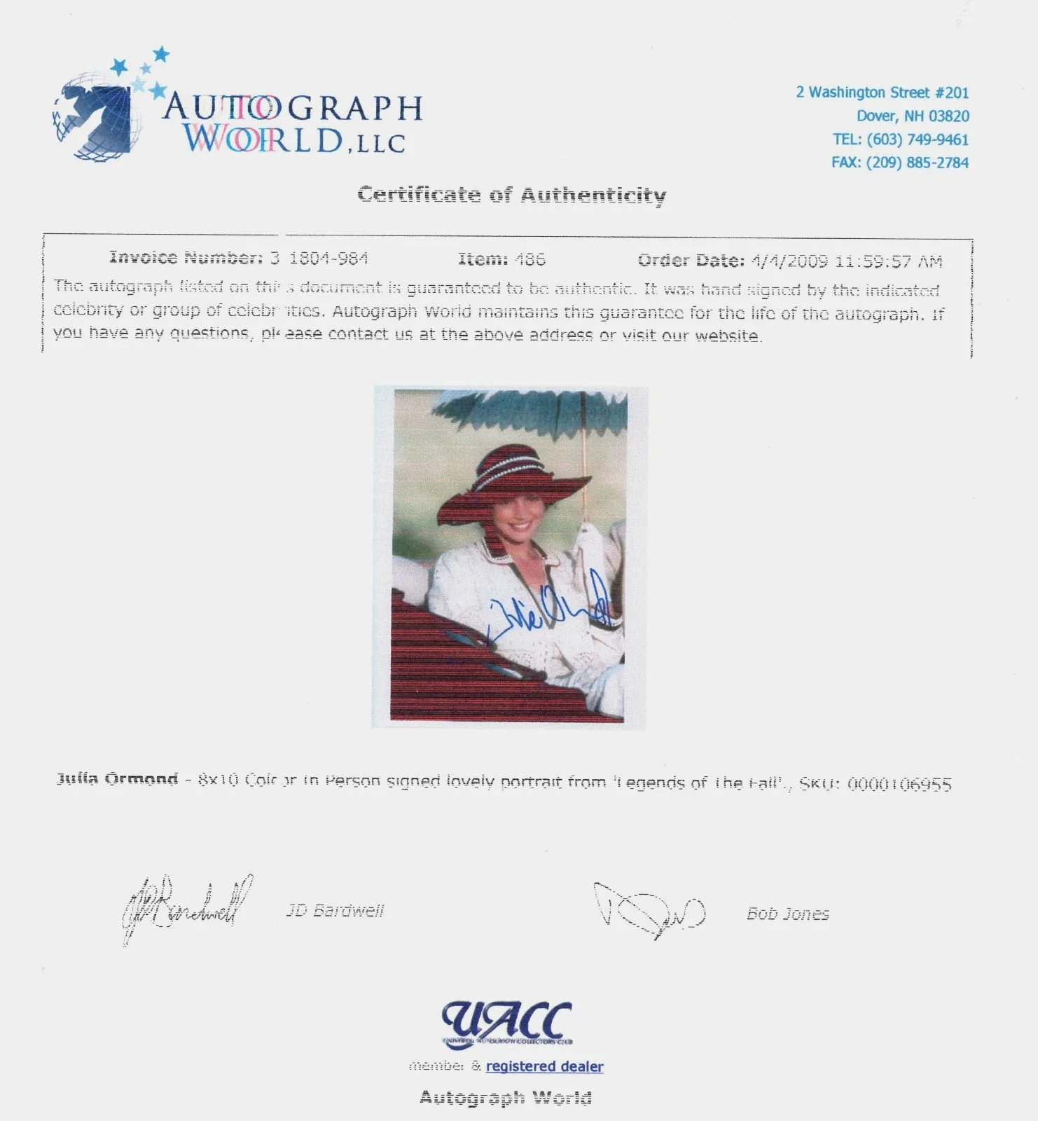 Julia Ormond — AUTOGRAPHED 8X10 SIGNED BY JULIA ORMOND IN LEGENDS OF THE FALL UACC COA, image 2