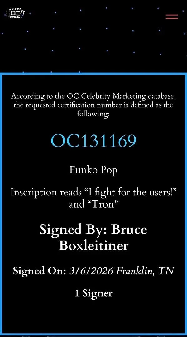 Bruce Boxleitner — Bruce Boxleitner signed "Tron" Funko #489 w/quote & char name-OC Celebrity Mtkg, изображение 5