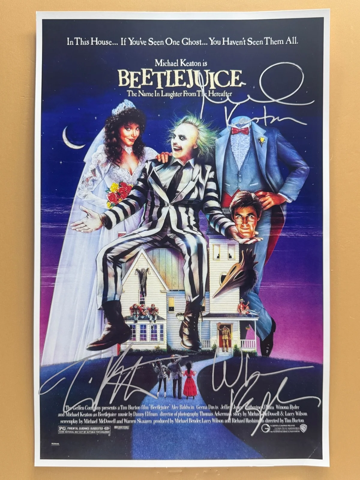 Michael Keaton, Winona Ryder, Tim Burton — SIGNED BEETLEJUICE 11x17 Movie Poster COA by 3 of the actors - Shipped FREE