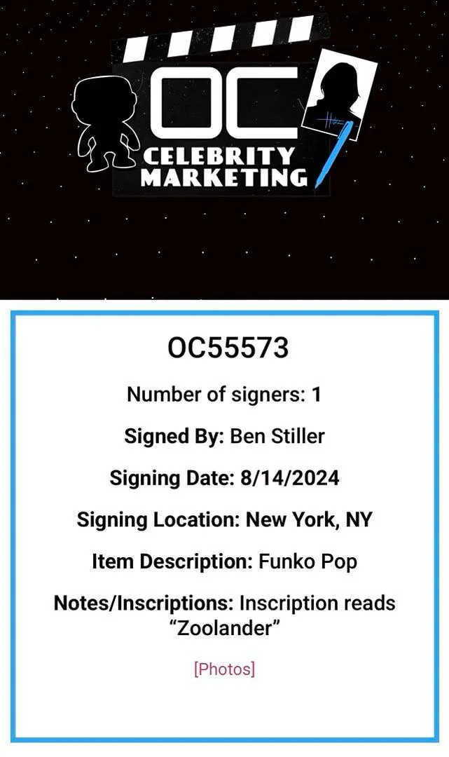Ben Stiller — Ben Stiller Signed Funko Pop #703 "Derek Zoolander" - OC Celebrity Marketing, image 5