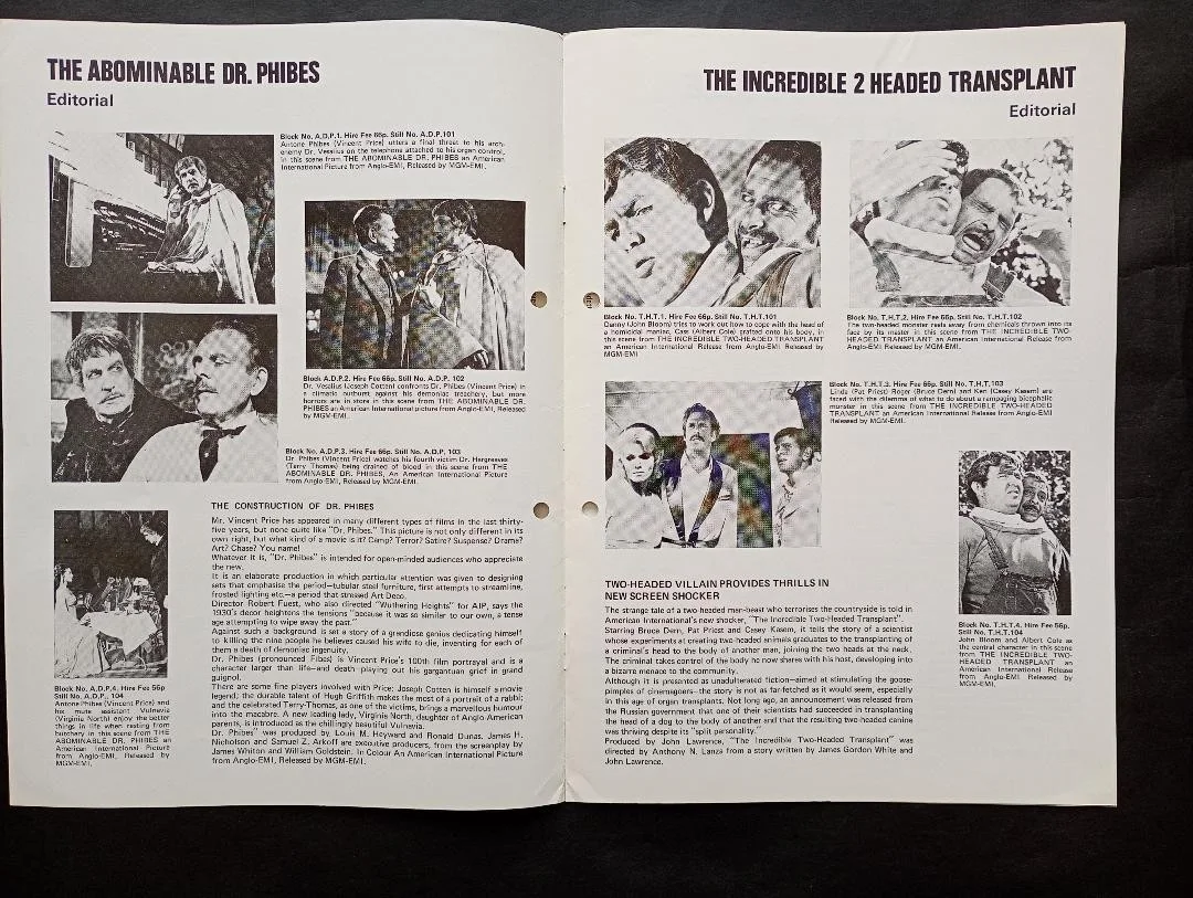 ABOMINABLE DR. PHIBES / INCREDIBLE 2 HEADED TRANSPLANT pressbook, image 2