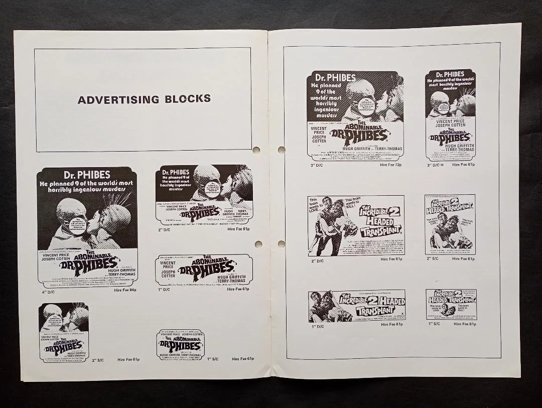 ABOMINABLE DR. PHIBES / INCREDIBLE 2 HEADED TRANSPLANT pressbook, image 3