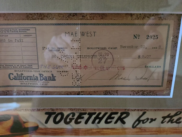 WC Fields Mae West — WC Fields Mae West JSA Loa Signed Dual Check Display Framed 35x34 Museum Quality, image 3