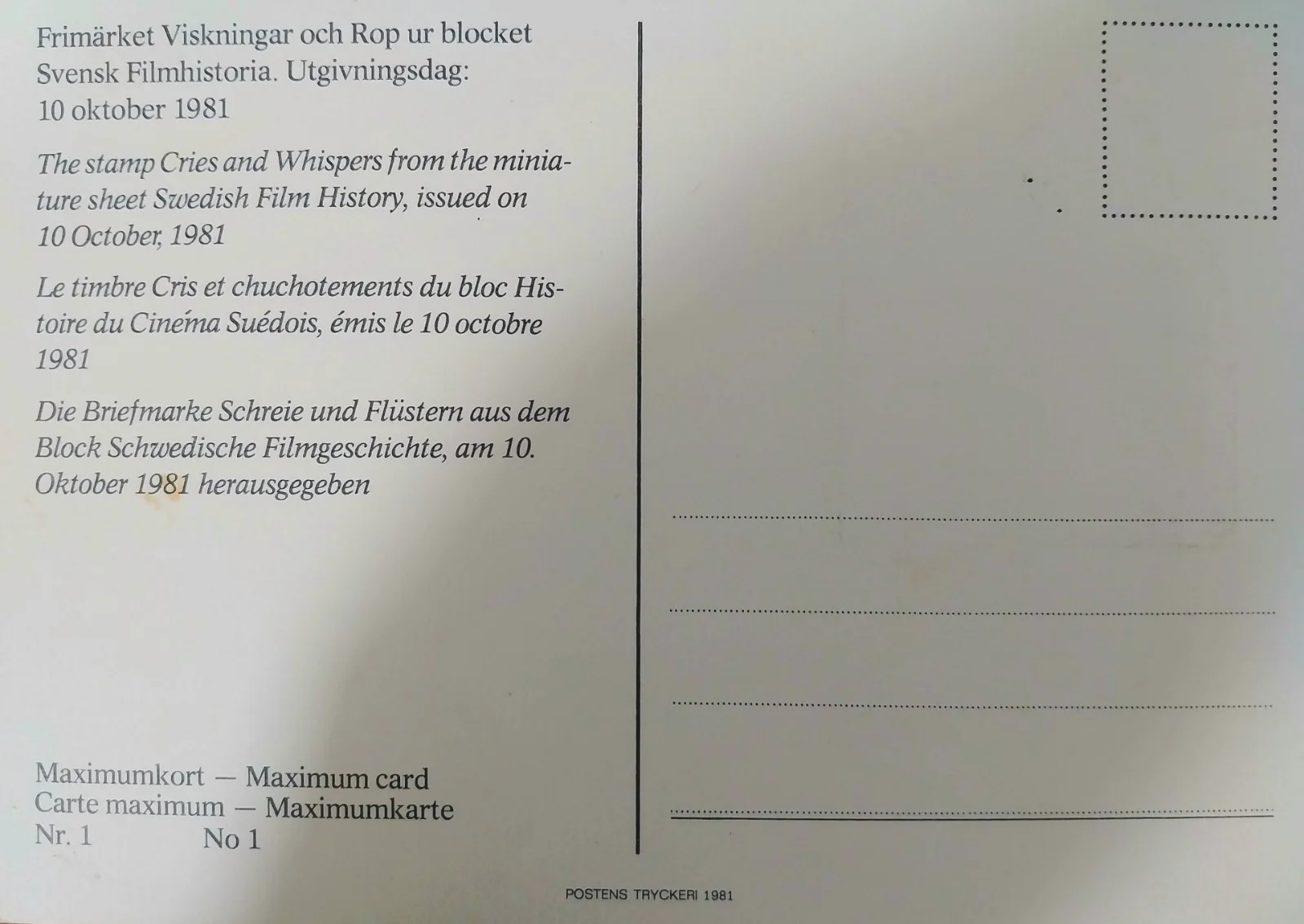 Ingmar Bergman Cries & Whispers postcard and stamp - first day cover Sweden 1981, image 2
