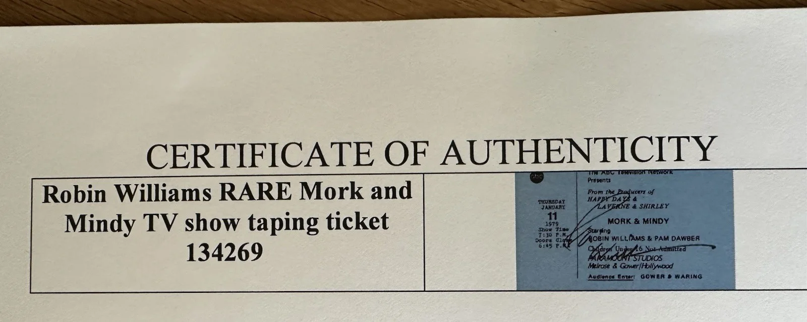 Robin Williams Signed Mork and Mindy TV Show Taping Ticket RARE with COA, image 2