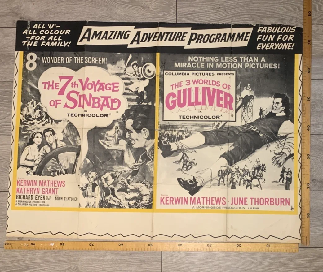 THE 7TH VOYAGE OF SINBAD/THE 3 WORLDS OF GULLIVER 1960 ORIGINAL UK QUAD, изображение 2
