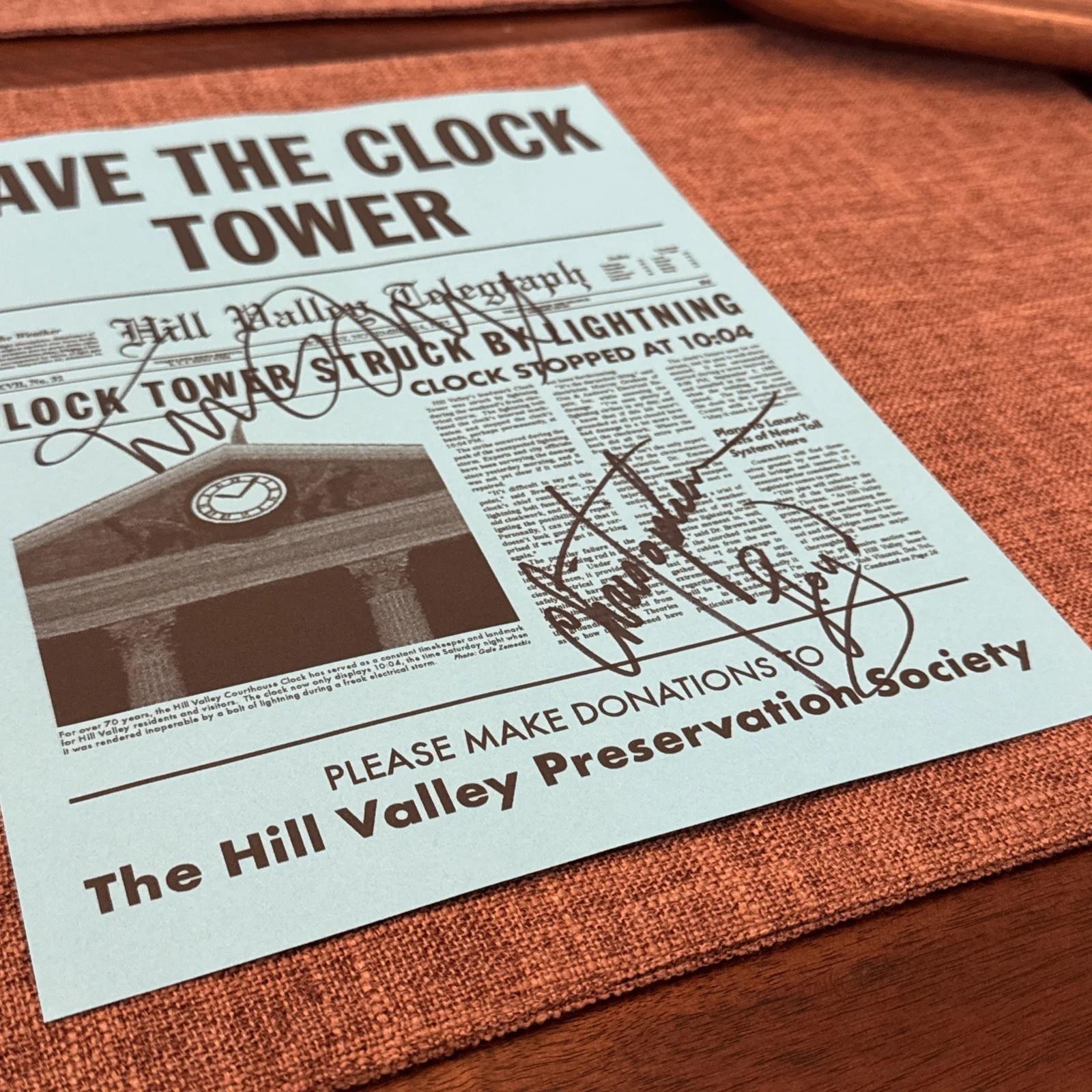 Michael J. Fox, Christopher Lloyd — Michael J. Fox & Christopher Lloyd Signed "SAVE THE CLOCK TOWER FLYER" w/COA, image 2