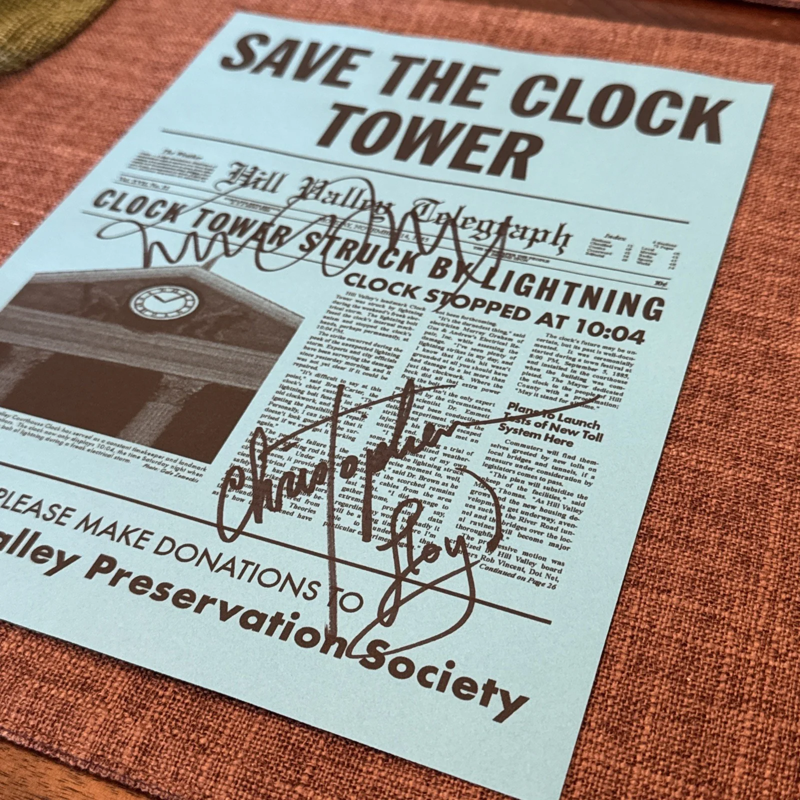 Michael J. Fox, Christopher Lloyd — Michael J. Fox & Christopher Lloyd Signed "SAVE THE CLOCK TOWER FLYER" w/COA, image 3