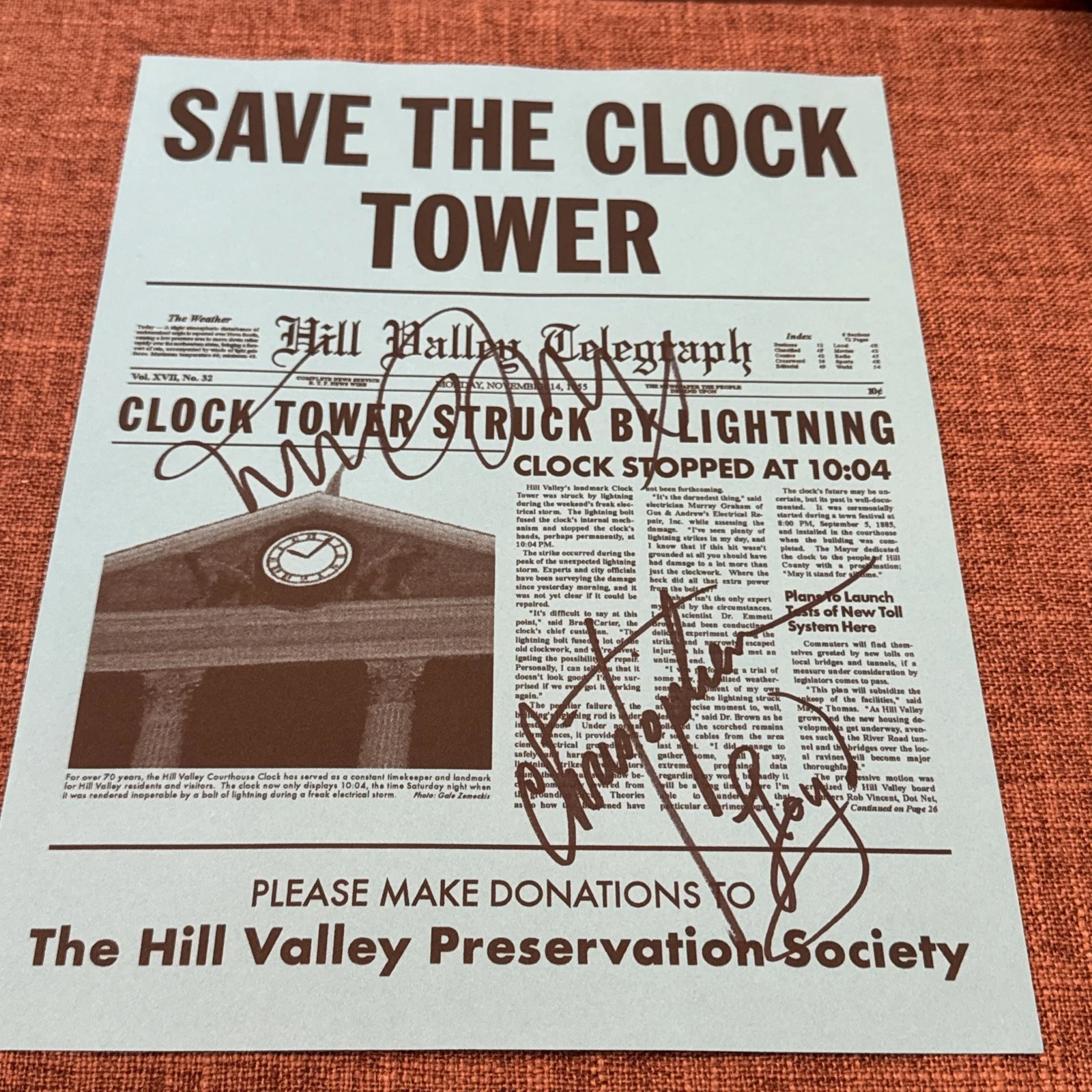 Michael J. Fox, Christopher Lloyd — Michael J. Fox & Christopher Lloyd Signed "SAVE THE CLOCK TOWER FLYER" w/COA, image 4